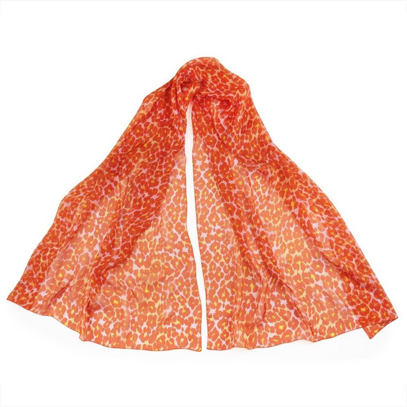 Echarpe en soie 67x180, mousseline de soie imprimée Léopard col 15 Orange