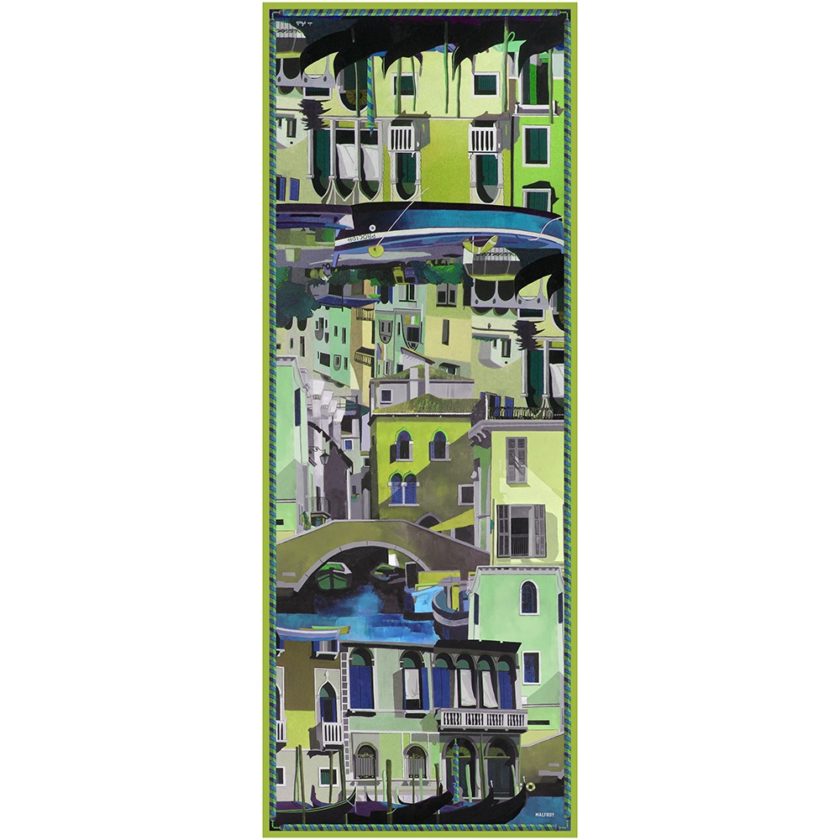 Echarpe en laine et soie 67x180 imprimée Canal de Venise de l'artiste Anne du Planty col 2 vert