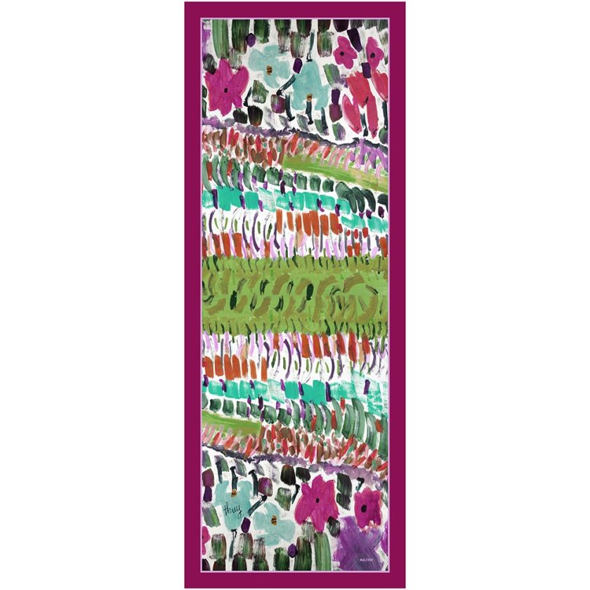 Echarpe en laine et soie 67x180 imprimée Grand Jardin de l’artiste Thuy col 1 prune
