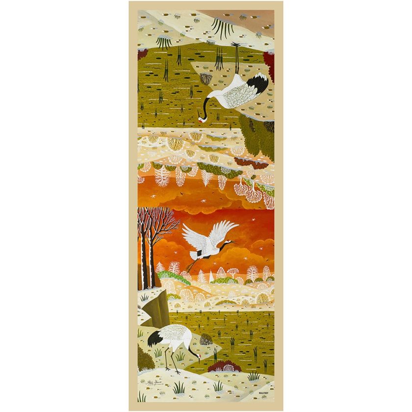 Echarpe en soie 67x180, mousseline de soie imprimée Les 2 Grues de l'Artiste Alain Thomas col 2 beige