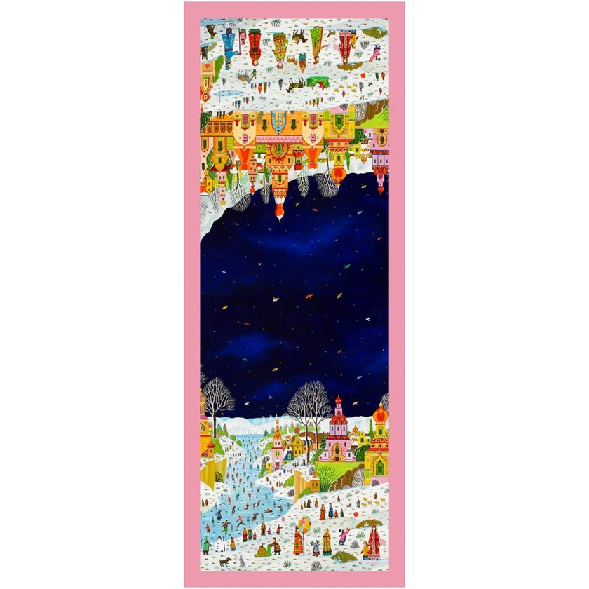 Echarpe en soie 67x180, mousseline de soie imprimée Paysages Slaves de l'Artiste Alain Thomas col 1 rose