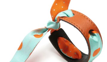 Bracelet Cuir et Lien en Twill de soie imprimé Pois – Orange Vert