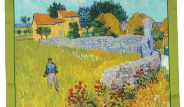 Carré de soie 67, twill de soie imprimé Van Gogh Mas en Provence – Kaki