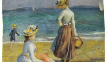 Carré de soie 90, twill de soie imprimé Renoir Silhouettes sur la plage – Roulotté Bleu