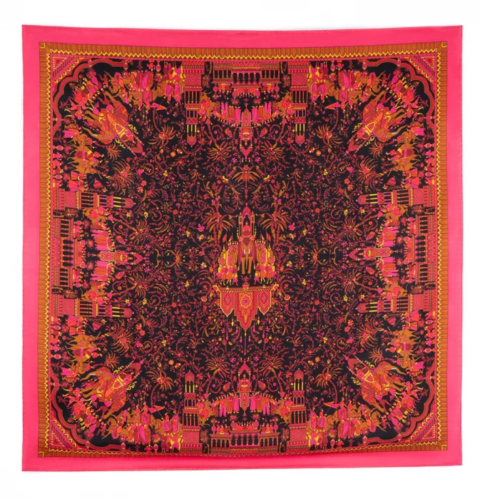 Carré de soie 90, twill de soie imprimé Indien - Rose