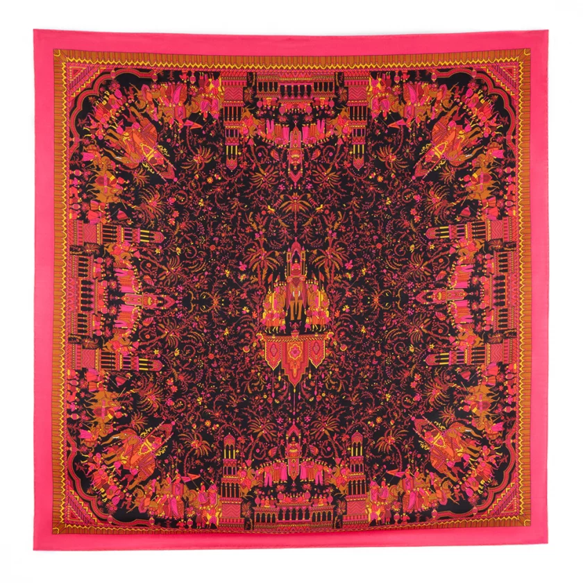 Carré de soie 90, twill de soie imprimé Indien - Rose