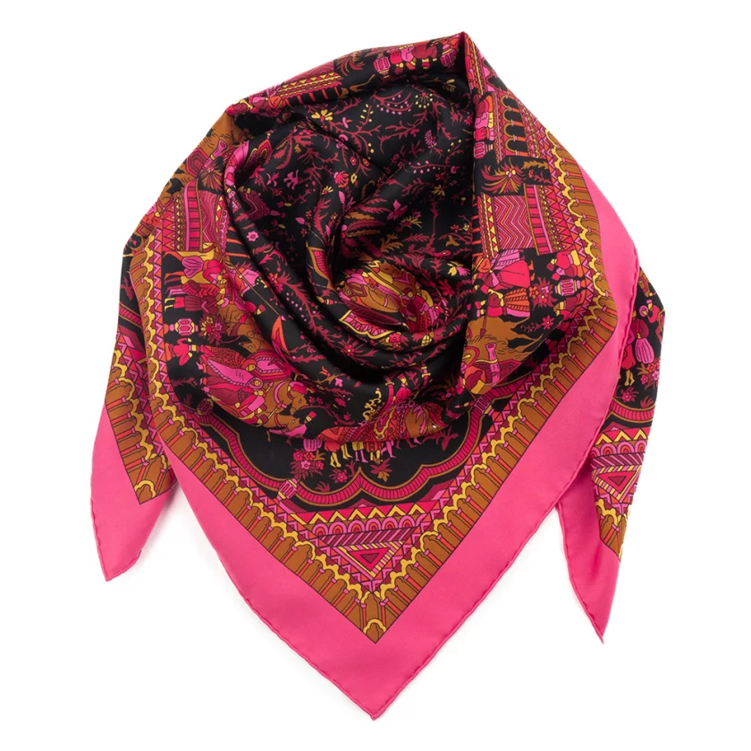 Carré de soie 90, twill de soie imprimé Indien - Rose