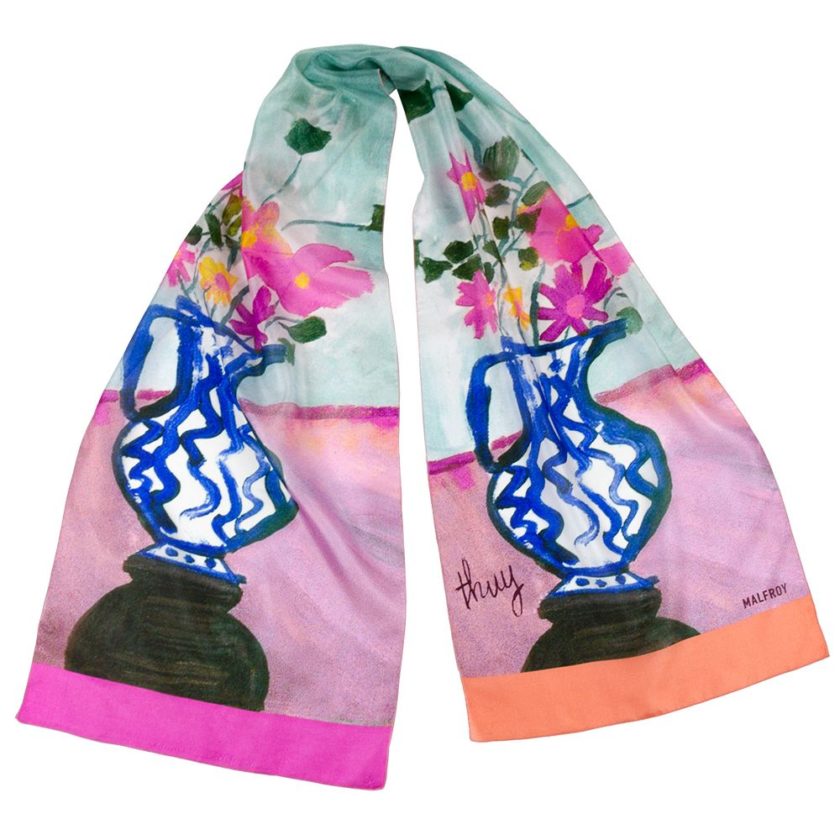 Echarpe en soie, Pongé de soie imprimé Bouquets, de l'artiste Thuy col 2 rose