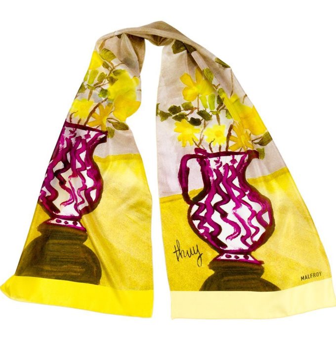 Echarpe en soie, Pongé de soie imprimé Bouquets, de l'artiste Thuy col 4 jaune
