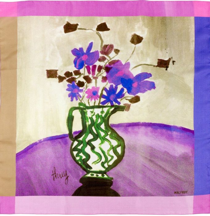 Carré de soie 67, Pongé de soie imprimé Mon Bouquet, de l'artiste Thuy col 4 Violet parme