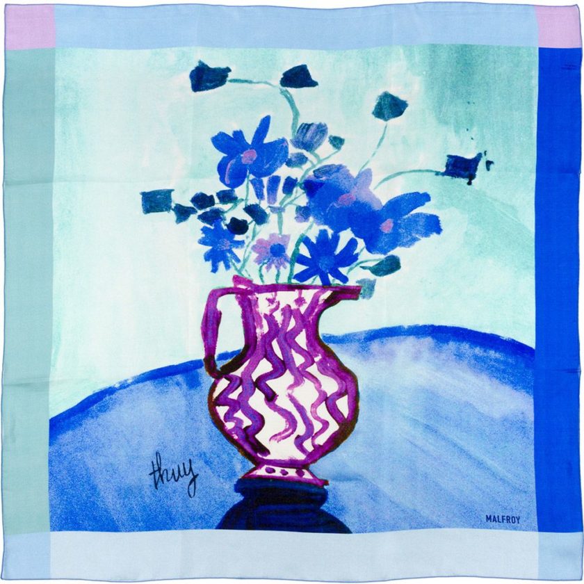 Carré de soie 67, Pongé de soie imprimé Mon Bouquet, de l'artiste Thuy col 2 bleu