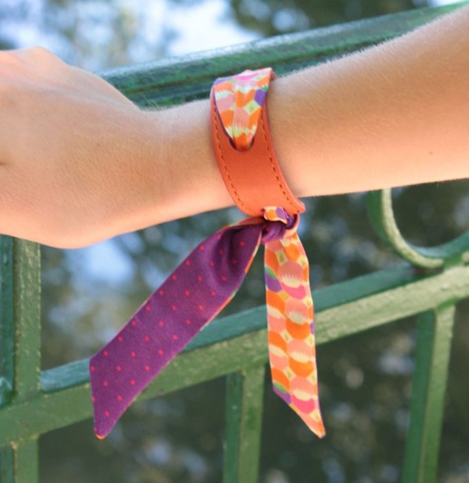 Bracelet Cuir et Lien en Twill de Soie imprimé Hexa/Mini Pois col 4 Violet orange