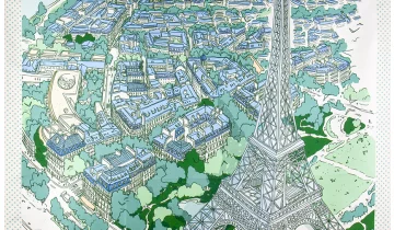 Carré de soie 67, twill de soie imprimé Eiffel Paris de l’Artiste Emilie Ettori – Vert