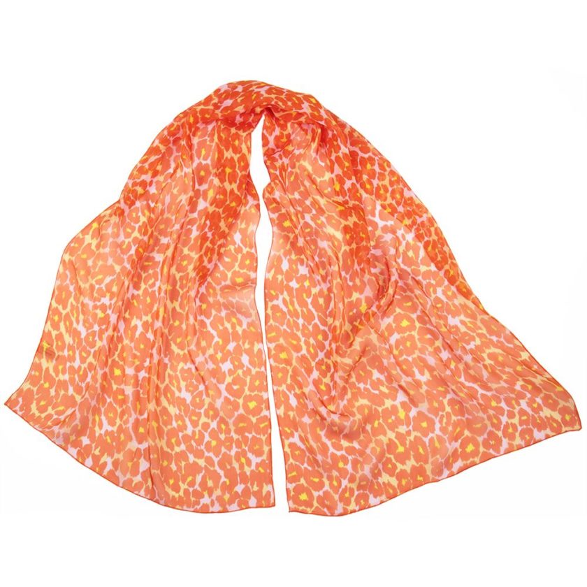 Echarpe en soie, mousseline de soie imprimée Léopard col 15 orange