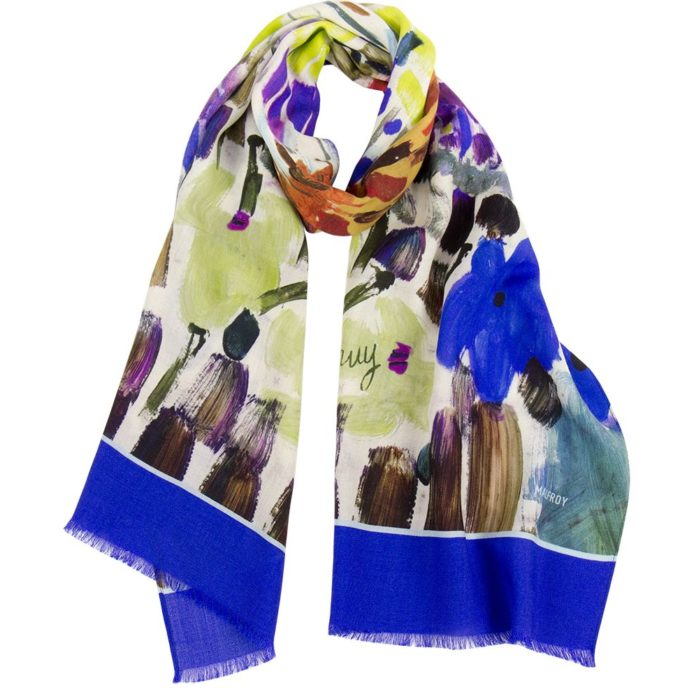 Echarpe en laine et soie imprimée Jardin de l'artiste Thuy col 3 bleu
