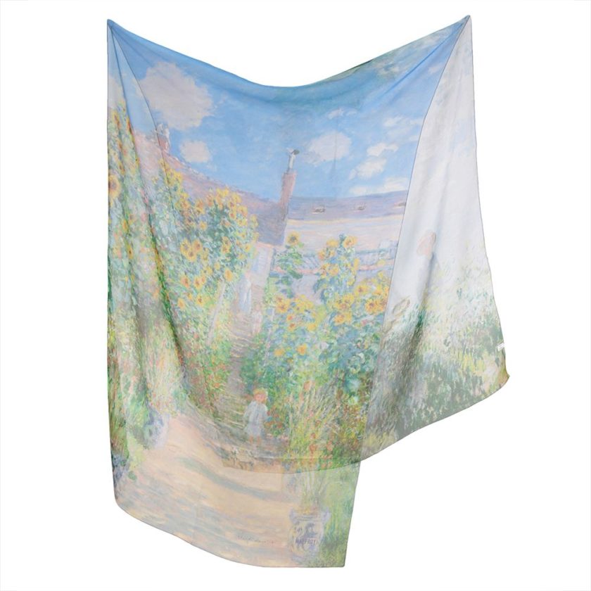 Echarpe en soie 67x180, mousseline de soie imprimé Monet La Promenade coloris 1 ciel