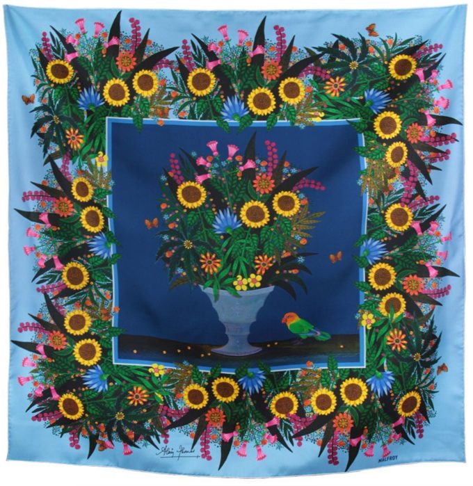 Carré de soie, twill de soie imprimé Bouquet aux 3 Soleils de l'artiste Alain Thomas Var 3 bleu