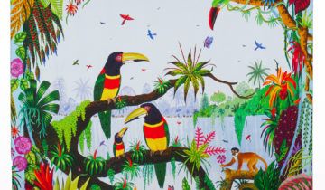 Carré de soie 67, twill de soie imprimé Toucan à la cascade de l’Artiste Alain Thomas – Bleu