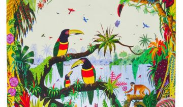 Carré de soie 67, twill de soie imprimé Toucan à la cascade de l’Artiste Alain Thomas – Jaune