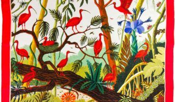 Carré de soie 90, twill de soie imprimé Ibis Rouge de l’artiste Alain Thomas – Laque Rouge