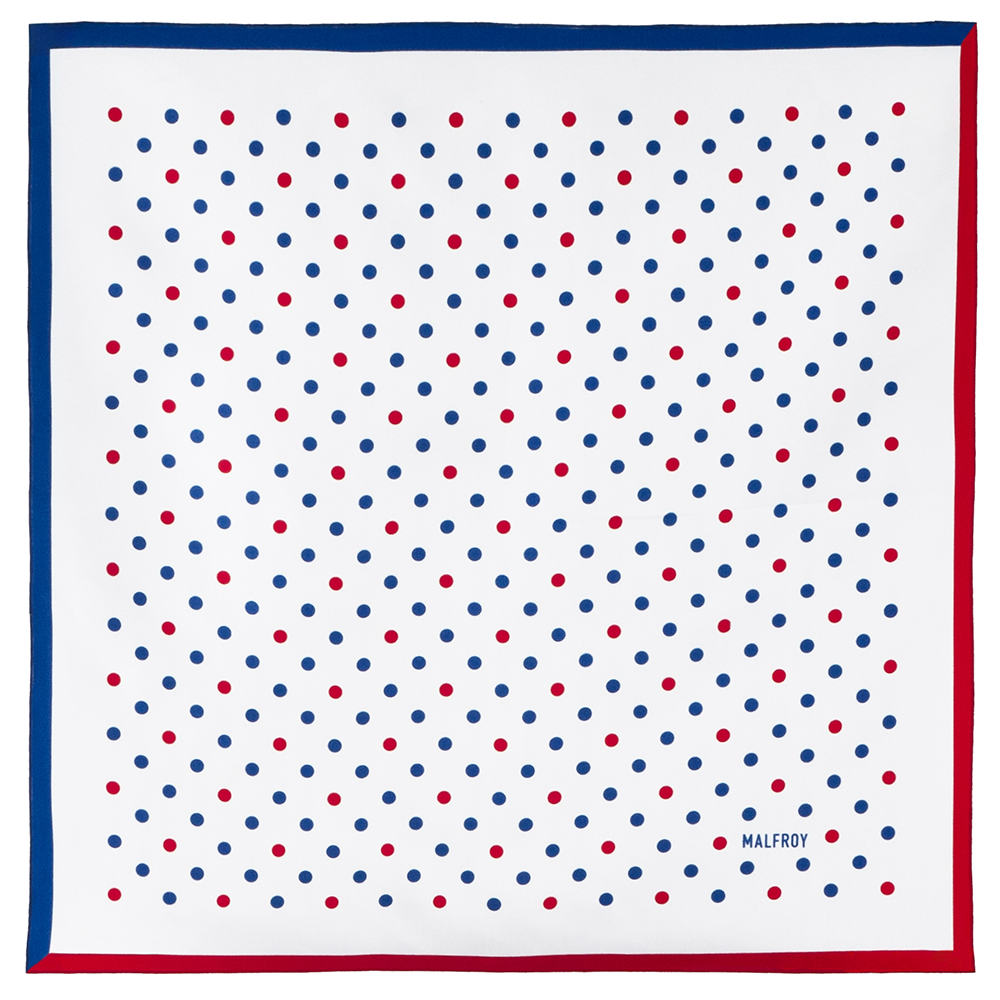 Carré de soie 49, twill de soie imprimé Pois - Bleu Blanc Rouge