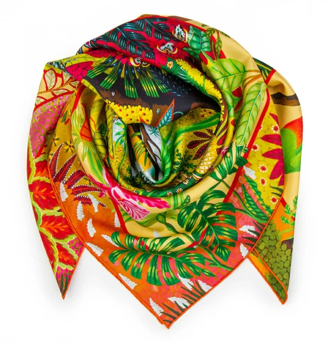 Carré de soie 90, twill de soie imprimé Quetzal au jardin d'Eden de l'artiste Alain Thomas - Orange