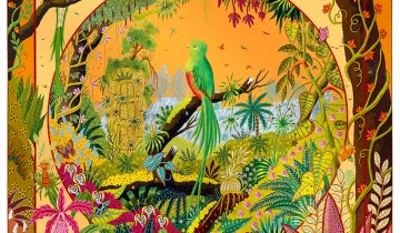 Carré de soie 90, twill de soie imprimé Quetzal au jardin d’Eden de l’artiste Alain Thomas – Orange