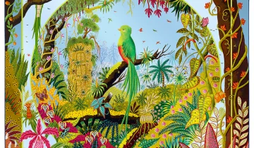 Carré de soie 90, twill de soie imprimé Quetzal au jardin d’Eden de l’artiste Alain Thomas – Bleu