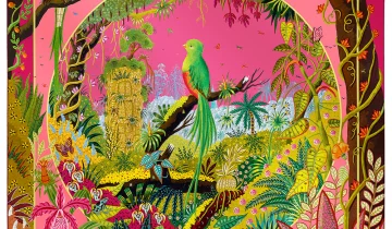 Carré de soie 90, twill de soie imprimé Quetzal au jardin d’Eden de l’artiste Alain Thomas – Fuchsia