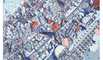 Carré de soie 90, twill de soie imprimé Lyon Grand Hôtel Dieu de l’Artiste Emilie Ettori – Bleu