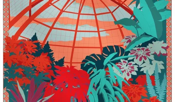 Carré de soie 90, twill de soie imprimé Serre Tropicale – Orange