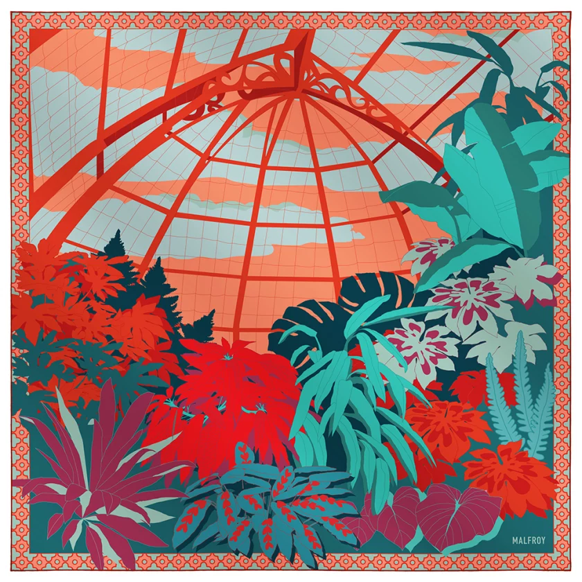 Carré de soie 90, twill de soie imprimé Serre Tropicale - Orange