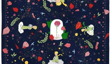 Carré de soie 67, twill de soie imprimé la rose du Petit Prince – Bleu Marine