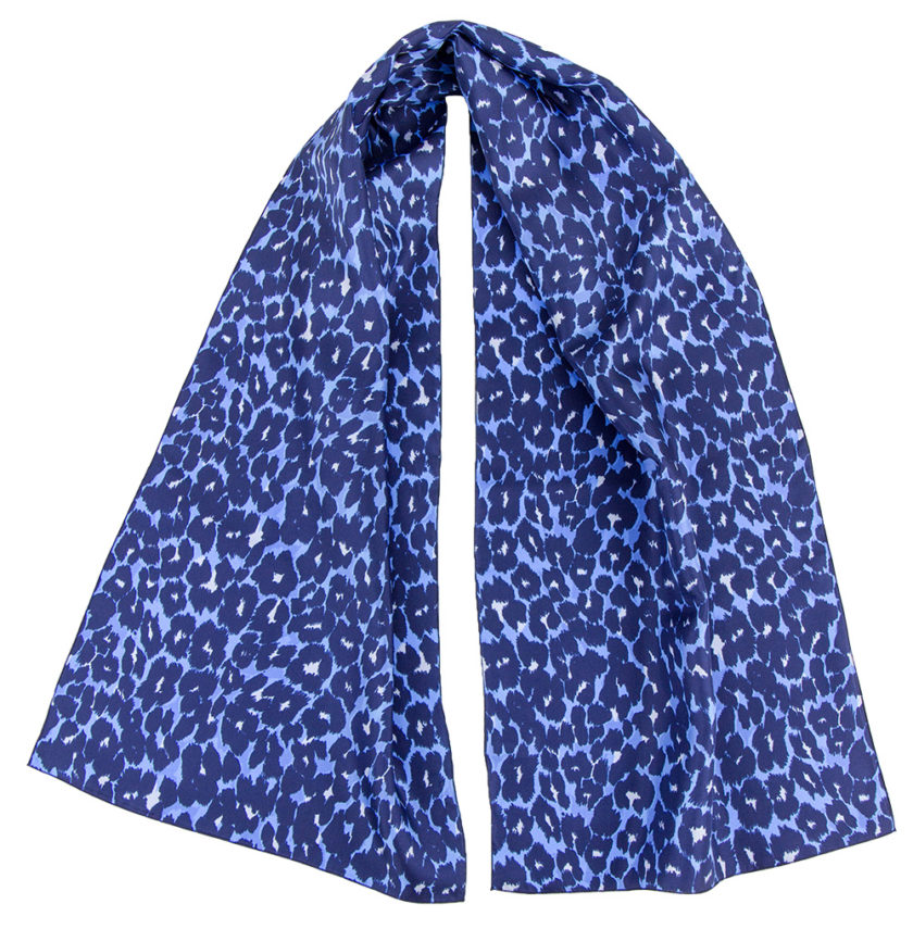 Echarpe en soie 33x140, twill de soie imprimé Léopard - Bleu