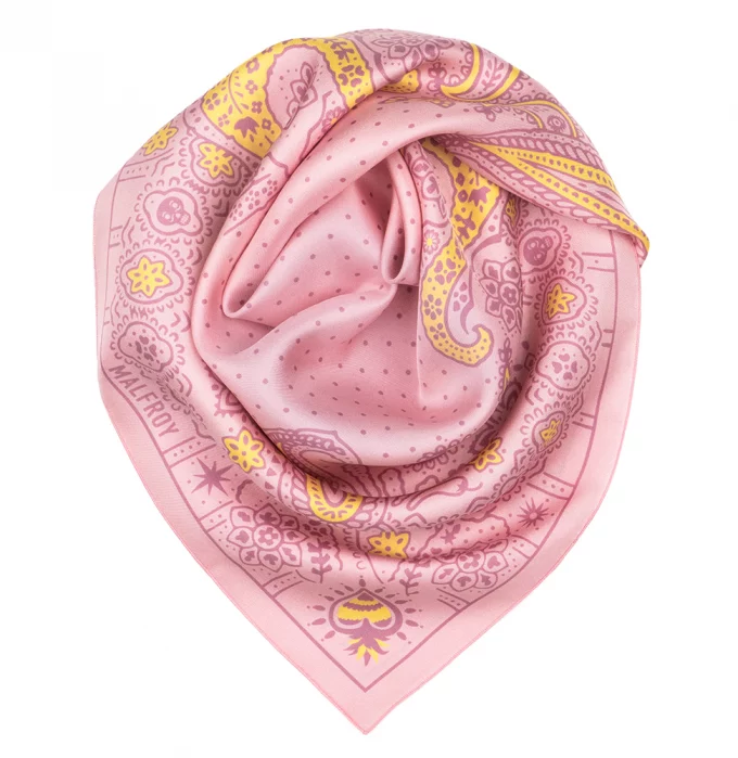 Carré de soie 67, twill de soie imprimé Bandana - rose jaune