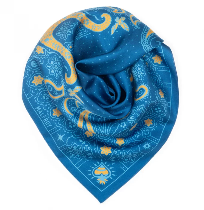 Carré de soie 67, twill de soie imprimé Bandana - bleu