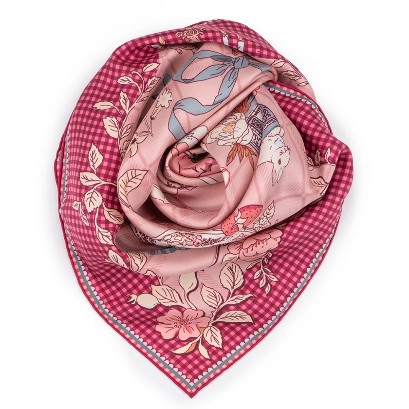 Carré de soie 90, twill de soie imprimé Tea Time - Rose