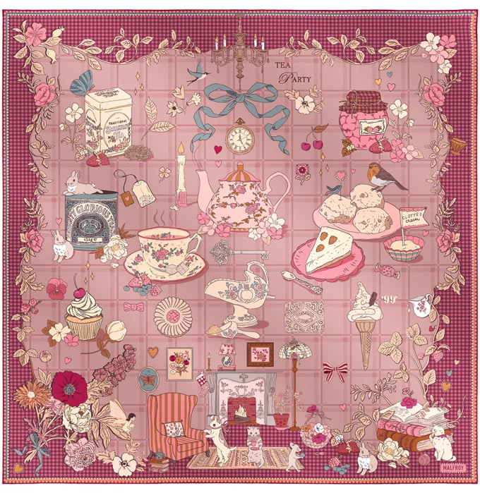 Carré de soie 90, twill de soie imprimé Tea Time - Rose