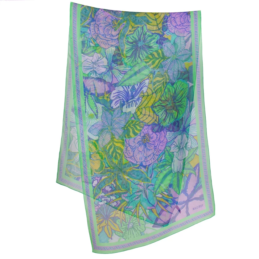 Echarpe soie 43x140, mousseline de soie imprimée Fleurs de l'artiste Caroline RD - Vert violet