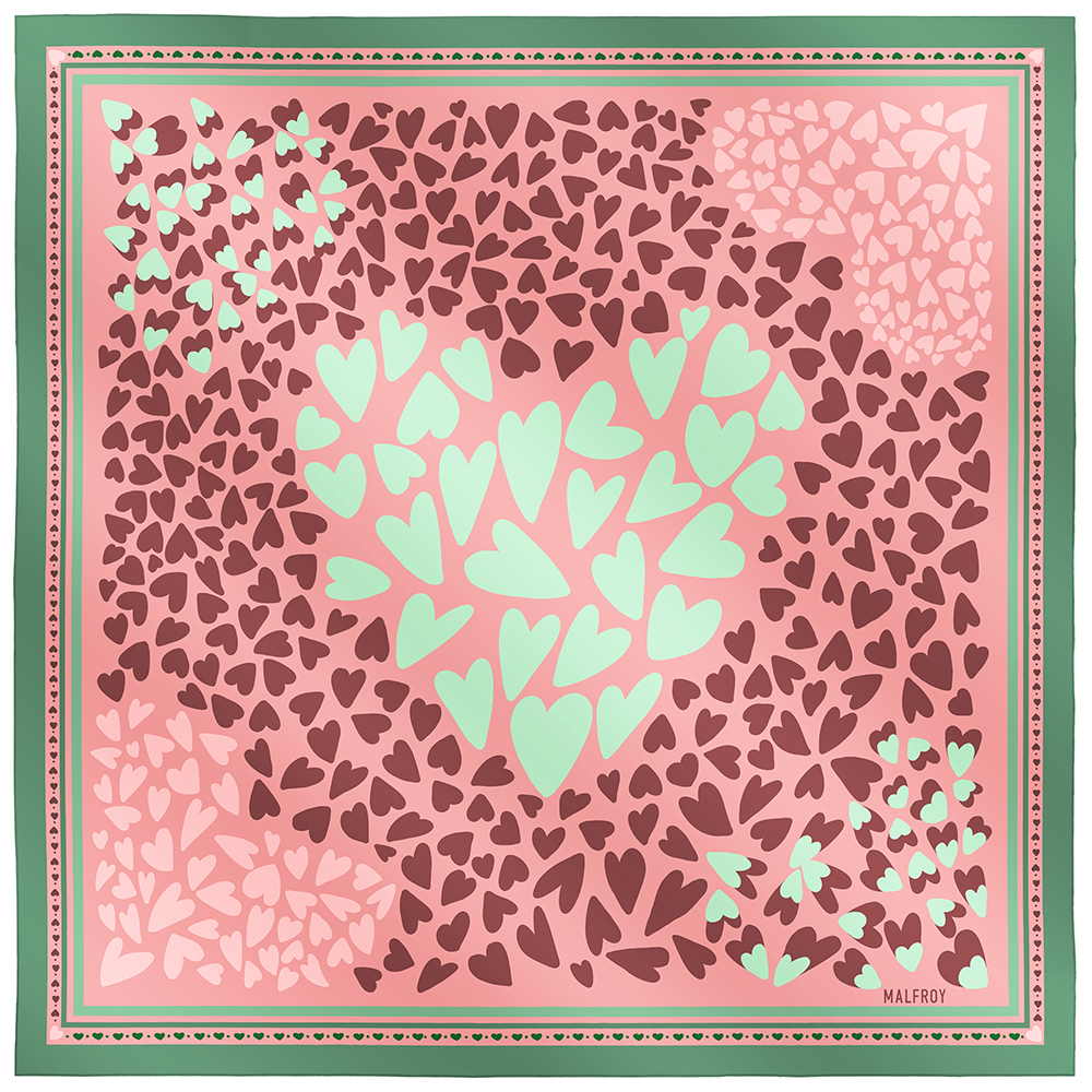 Carré de soie 67, twill de soie imprimé Coeur - Rose vert